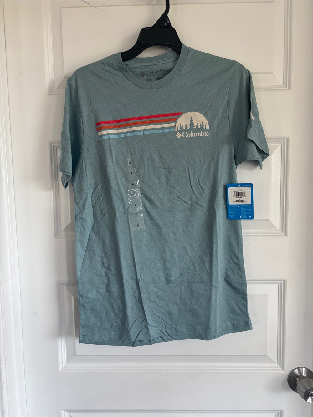 Columbia Light Blue Graphic Short Sleeve Crew Tee with Retro Stripes